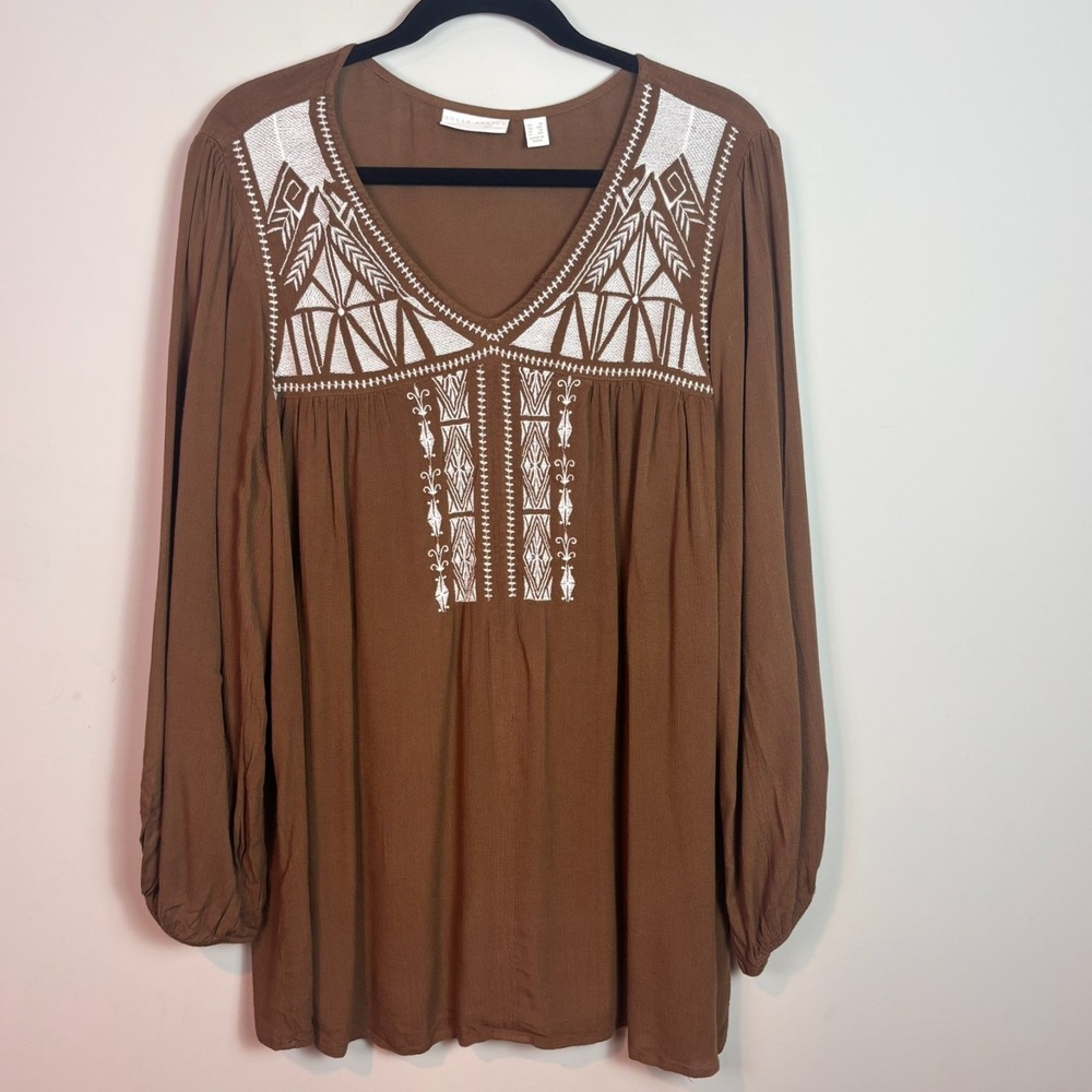 Susan Graver Womens Brown Embroidered Lightweight Tunic Blouse 1X Boho western